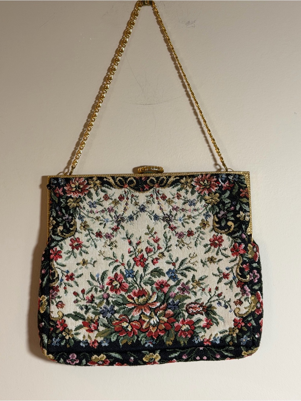 Vintage Floral Tapestry Evening Bag Gold Chain Clutch Needlepoint Purse